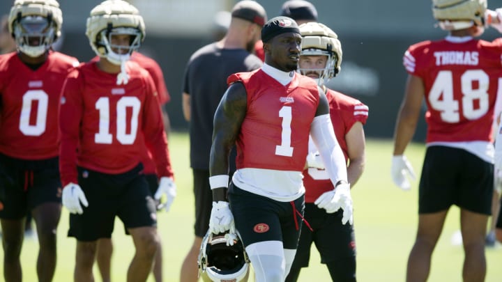 Jul 26, 2024; Santa Clara, CA, USA; San Francisco 49ers wide receivers move to their next station during Day 4 of training camp at SAP Performance Facility. Mandatory Credit: D. Ross Cameron-USA TODAY Sports