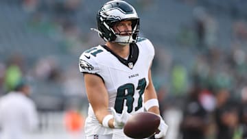Aug 7, 2025; Philadelphia, Pennsylvania, USA; Philadelphia Eagles tight end Grant Calcaterra (81) before action against the Cincinnati Bengals at Lincoln Financial Field.