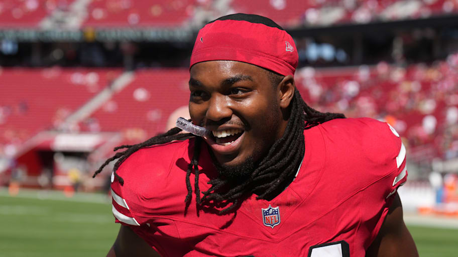 Oct 6, 2024; Santa Clara, California, USA; San Francisco 49ers running back Jordan Mason (24) before the game against the Arizona Cardinals at Levi's Stadium. Mandatory Credit: Darren Yamashita-Imagn Images | Darren Yamashita-Imagn Images