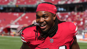 Oct 6, 2024; Santa Clara, California, USA; San Francisco 49ers running back Jordan Mason (24) before the game against the Arizona Cardinals at Levi's Stadium. Mandatory Credit: Darren Yamashita-Imagn Images