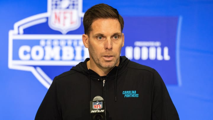 Feb 27, 2024; Indianapolis, IN, USA; Carolina Panthers President of Football Operations/General Manager Dan Morgan talks to the media at the 2024 NFL Combine at Indiana Convention Center. Mandatory Credit: Trevor Ruszkowski-USA TODAY Sports