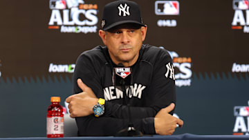 Oct 14, 2024; Bronx, New York, USA; New York Yankees manager Aaron Boone (17) speaks to the media before game one of the ALCS against the Cleveland Guardians during the 2024 MLB Playoffs at Yankee Stadium. Mandatory Credit: Brad Penner-Imagn Images