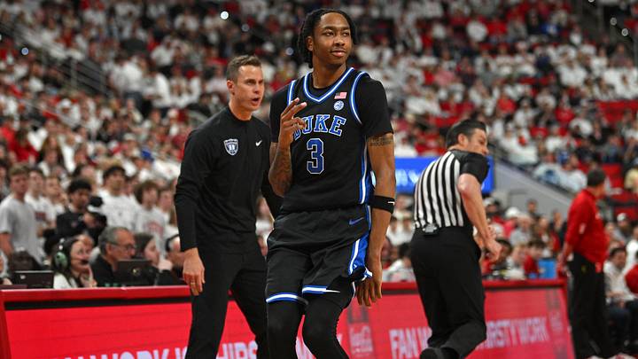 Mar 2, 2026; Raleigh, North Carolina, USA;  Duke Blue Devils guard Isaiah Evans (3) reacts after scoring against the NC State Wolfpack during the second half at Lenovo Center.