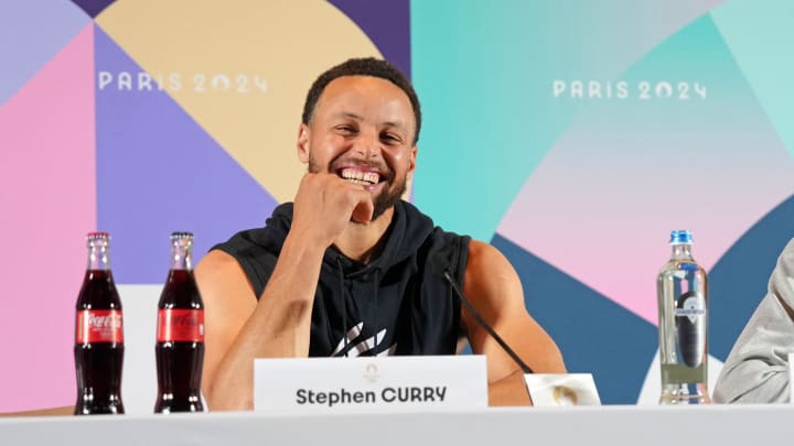 Jul 25, 2024; Paris, France; USA basketball players Stephen Curry and Kevin Durant talk to the media during a press conference. Mandatory Credit: Kirby Lee-USA TODAY Sports