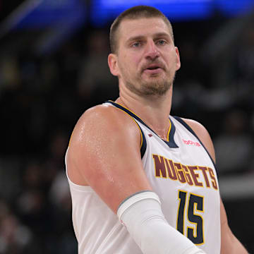 Apr 26, 2025; Inglewood, California, USA; Denver Nuggets center Nikola Jokic (15) reacts after not getting a foul call in the second half of game four of round one of the 2024 NBA Playoffs against the Los Angeles Clippers at Intuit Dome. Mandatory Credit: Jayne Kamin-Oncea-Imagn Images