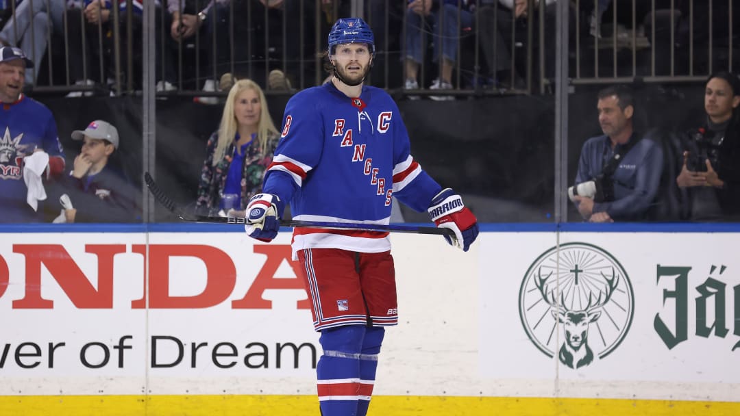 May 13, 2024; New York, New York, USA; New York Rangers defenseman Jacob Trouba (8) reacts during the third period of game five of the second round of the 2024 Stanley Cup Playoffs against the Carolina Hurricanes at Madison Square Garden. Mandatory Credit: Brad Penner-USA TODAY Sports