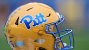Nov 16, 2024; Pittsburgh, Pennsylvania, USA;  A Pittsburgh Panthers helmet on the sidelines against the Clemson Tigers during the fourth quarter at Acrisure Stadium. Mandatory Credit: Charles LeClaire-Imagn Images