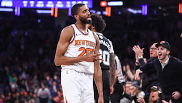 Dec 25, 2024; New York, New York, USA;  New York Knicks forward Mikal Bridges (25) gestures after making a three point shot in the third quarter against the San Antonio Spurs at Madison Square Garden. Mandatory Credit: Wendell Cruz-Imagn Images