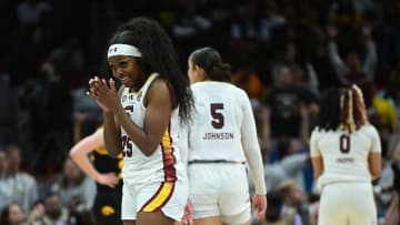 South Carolina basketball point guard Raven Johnson during last year's National Championship win over the Iowa Hawkeyes