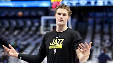 Mar 7, 2023; Dallas, Texas, USA;  Utah Jazz forward Lauri Markkanen (23) reacts before the game against the Dallas Mavericks at American Airlines Center. Mandatory Credit: Kevin Jairaj-Imagn Images
