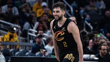 Apr 10, 2025; Indianapolis, Indiana, USA; Cleveland Cavaliers guard Ty Jerome (2) celebrates a made basket in the second half against the Indiana Pacers at Gainbridge Fieldhouse. Mandatory Credit: Trevor Ruszkowski-Imagn Images