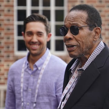 Hall of Fame member Rod Carew arrives at the National Baseball Hall of Fame during the Parade of Legends in Cooperstown, NY.