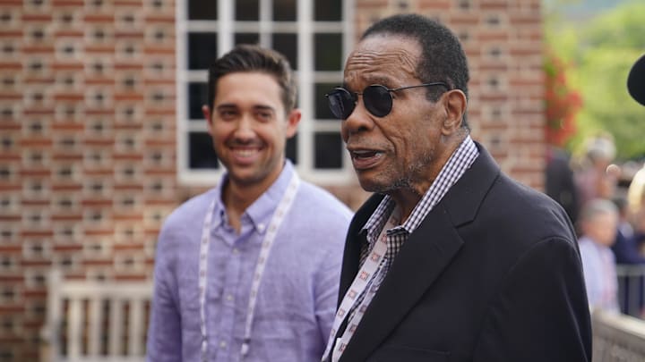 Hall of Fame member Rod Carew arrives at the National Baseball Hall of Fame during the Parade of Legends in Cooperstown, NY.