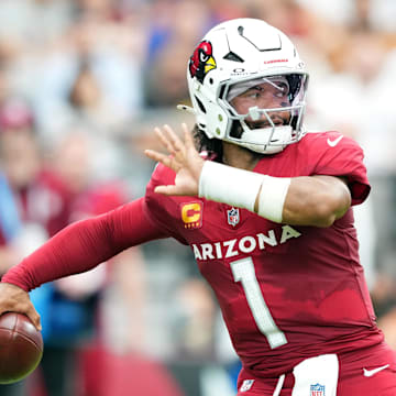 Sep 15, 2024; Glendale, Arizona, USA; Arizona Cardinals quarterback Kyler Murray (1) throws against the Los Angeles Rams during the first half at State Farm Stadium. Mandatory Credit: Joe Camporeale-Imagn Images