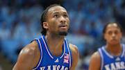 Nov 7, 2025; Chapel Hill, North Carolina, USA;  Kansas Jayhawks guard Darryn Peterson (22) at the free throw line in the first half at Dean E. Smith Center. Mandatory Credit: Bob Donnan-Imagn Images