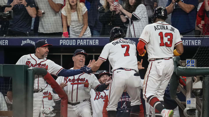 Oct 1, 2022; Cumberland, Georgia, USA; Atlanta Braves shortstop Dansby Swanson (7) reacts with the