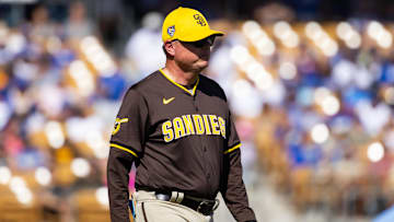 Feb 23, 2024; Phoenix, Arizona, USA; San Diego Padres manager Mike Shildt against the Los Angeles Dodgers during a spring training game at Camelback Ranch-Glendale. Mandatory Credit: Mark J. Rebilas-Imagn Images