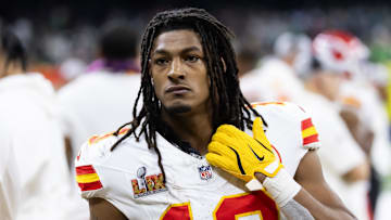 Feb 9, 2025; New Orleans, LA, USA;  Kansas City Chiefs running back Isiah Pacheco (10) against the Philadelphia Eagles in Super Bowl LIX at Ceasars Superdome.