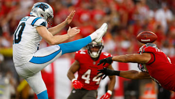 A lucky duck appeared on the field right before the Tampa Bay Buccaneers blocked a punt against the Panthers in Week 17.
