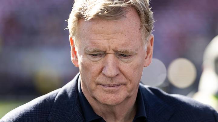 Feb 8, 2026; Santa Clara, CA, USA; NFL commissioner Roger Goodell looks on before Super Bowl LX between the Seattle Seahawks and the New England Patriots at Levi's Stadium. Mandatory Credit: Mark J. Rebilas-Imagn Images
