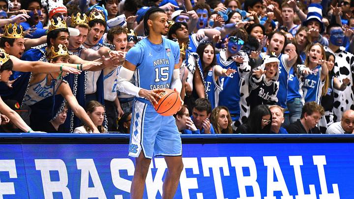 Mar 7, 2026; Durham, North Carolina, USA; North Carolina Tar Heels forward Jarin Stevenson (15) is harassed by Duke Blue Devils fans as he attempts to inbound the ball during the second half at Cameron Indoor Stadium.  The Duke Blue Devils won 76-61. Mandatory Credit: Rob Kinnan-Imagn Images