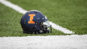 Oct 5, 2019; Minneapolis, MN, USA; A general view of an Illinois Fighting Illini helmet before a game against the Minnesota Golden Gophers at TCF Bank Stadium. Mandatory Credit: Jesse Johnson-Imagn Images