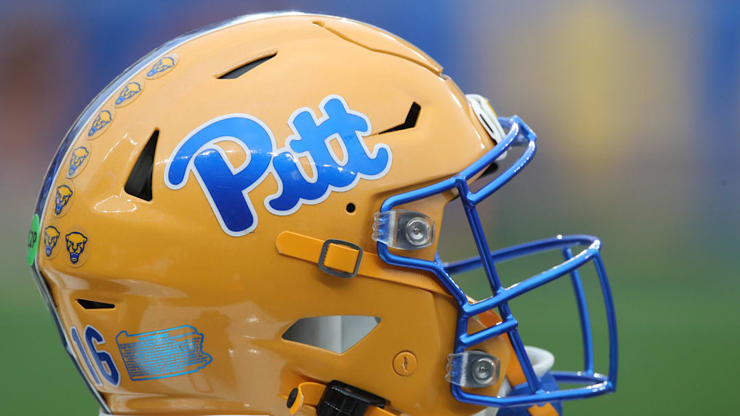 Nov 16, 2024; Pittsburgh, Pennsylvania, USA;  A Pittsburgh Panthers helmet on the sidelines against the Clemson Tigers during the fourth quarter at Acrisure Stadium. Mandatory Credit: Charles LeClaire-Imagn Images