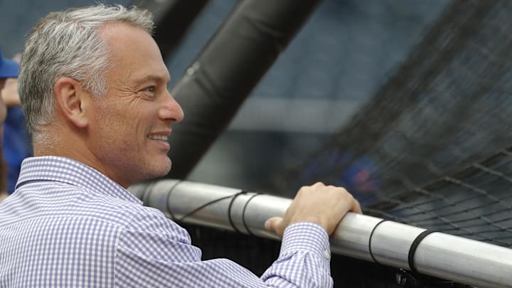 Aug 24, 2023; Pittsburgh, Pennsylvania, USA;  Chicago Cubs president Jed Hoyer looks on at the batting cage before the game against the Pittsburgh Pirates at PNC Park. Mandatory Credit: Charles LeClaire-Imagn Images