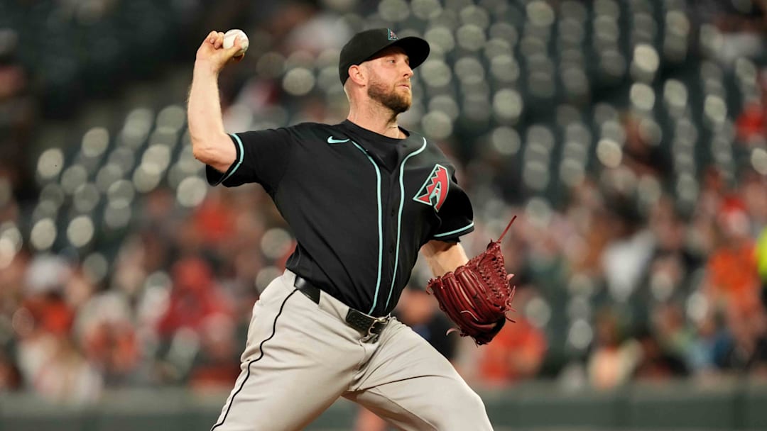 Apr 14, 2026; Baltimore, Maryland, USA; Arizona Diamondbacks pitcher Merrill Kelly (29) delivers during the fourth inning against the Baltimore Orioles at Oriole Park at Camden Yards. Mandatory Credit: Mitch Stringer-Imagn Images