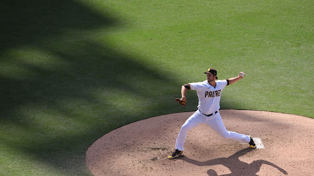 Apr 7, 2021; San Diego, California, USA; San Diego Padres relief pitcher Drew Pomeranz (15) pitches to a San Francisco Giants batter during the eighth inning at Petco Park. Mandatory Credit: Orlando Ramirez-Imagn Images