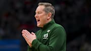 Mar 23, 2025; Seattle, WA, USA; Colorado State Rams head coach Niko Medved works the sideline against the Maryland Terrapins in the first half at Climate Pledge Arena. Mandatory Credit: Steven Bisig-Imagn Images