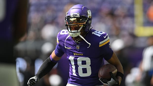 Aug 10, 2024; Minneapolis, Minnesota, USA; Minnesota Vikings wide receiver Justin Jefferson (18) warms up before the game aga