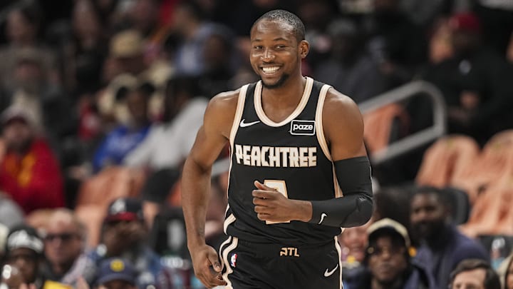 Feb 26, 2026; Atlanta, Georgia, USA; Atlanta Hawks forward Jonathan Kuminga (0) reacts after making a three point shot against the Washington Wizards during the first half at State Farm Arena. Mandatory Credit: Dale Zanine-Imagn Images