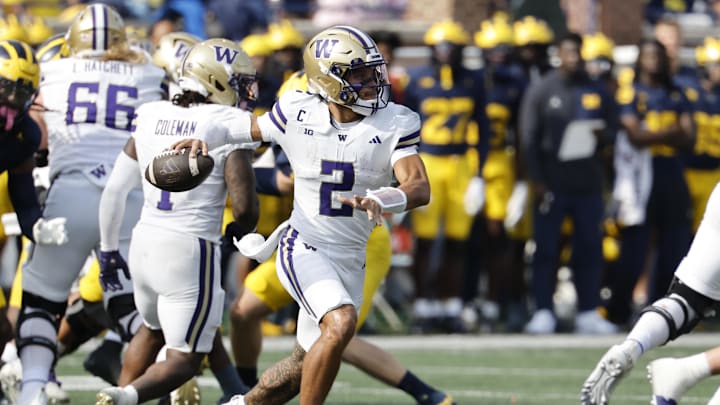 Oct 18, 2025; Ann Arbor, Michigan, USA;  Washington Huskies quarterback Demond Williams Jr. (2) passes in the second half against the Michigan Wolverines at Michigan Stadium. Mandatory Credit: Rick Osentoski-Imagn Images