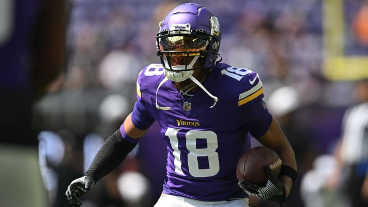 Minnesota Vikings wide receiver Justin Jefferson (18) warms up before the preseason game against the Las Vegas Raiders at U.S. Bank Stadium in Minneapolis on Aug. 10, 2024. 