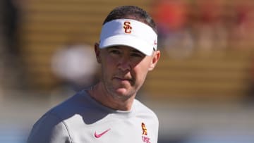 Oct 28, 2023; Berkeley, California, USA; USC Trojans head coach Lincoln Riley walks on the field before a game against the California Golden Bears at California Memorial Stadium. Mandatory Credit: Darren Yamashita-USA TODAY Sports