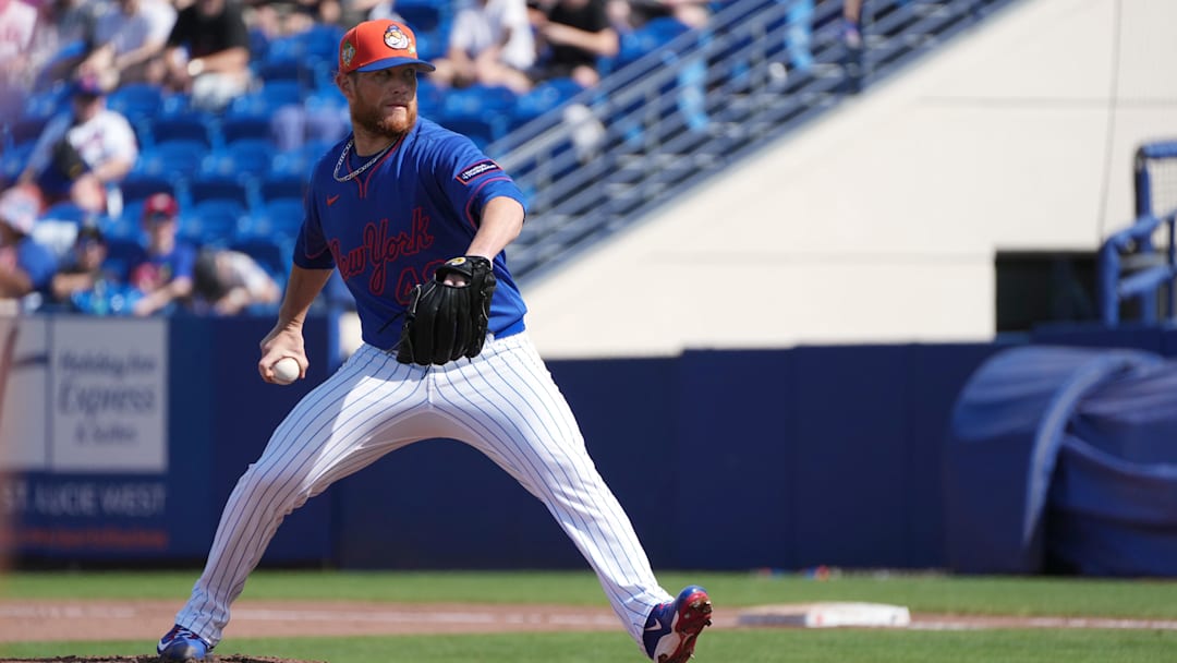 Feb 28, 2026; Port St. Lucie, Florida, USA;  New York Mets pitcher Craig Kimbrel (46) pitches in the fourth inning against the Washington Nationals at Clover Park. Mandatory Credit: Jim Rassol-Imagn Images