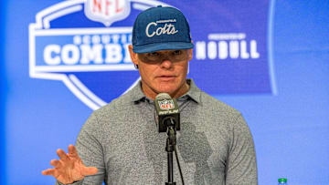 Feb 28, 2024; Indianapolis, IN, USA; Indianapolis Colts general manager Chris Ballard  talks to the