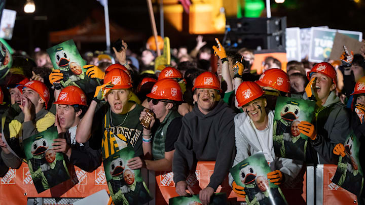 Fans cheer ahead of ESPN’s “College GameDay” on the campus of the University of Oregon on Oct. 11, 2025, in Eugene, Oregon.