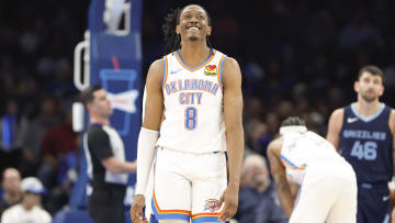 Dec 18, 2023; Oklahoma City, Oklahoma, USA; Oklahoma City Thunder forward Jalen Williams (8) smiles after a play against the Memphis Grizzlies during the second half at Paycom Center. Mandatory Credit: Alonzo Adams-USA TODAY Sports