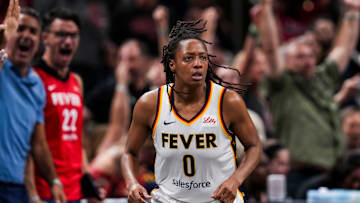 Indiana Fever guard Kelsey Mitchell (0) runs down the court after scoring a 3-pointer Friday, Sept. 6, 2024, during a game between the Indiana Fever and the Minnesota Lynx at Gainbride Fieldhouse in Indianapolis. The Lynx defeated the Fever, 99-88.