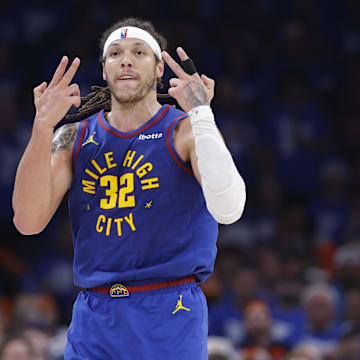 May 13, 2025; Oklahoma City, Oklahoma, USA; Denver Nuggets forward Aaron Gordon (32) gestures after scoring against the Oklahoma City Thunder during the second half of game five of the second round for the 2025 NBA Playoffs at Paycom Center. Mandatory Credit: Alonzo Adams-Imagn Images