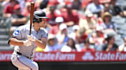 Anaheim, California, USA; Miami Marlins designated hitter Matt Mervis (36) doubles against the Los Angeles Angels during the third inning at Angel Stadium.