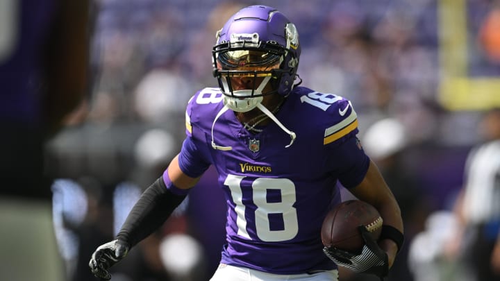 Aug 10, 2024; Minneapolis, Minnesota, USA; Minnesota Vikings wide receiver Justin Jefferson (18) warms up before the game against the Las Vegas Raiders at U.S. Bank Stadium. Mandatory Credit: Jeffrey Becker-USA TODAY Sports