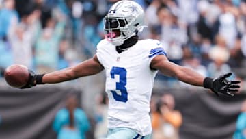 Oct 12, 2025; Charlotte, North Carolina, USA; Dallas Cowboys wide receiver George Pickens (3) celebrates a touchdown during the second half against the Carolina Panthers at Bank of America Stadium.