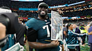 Feb 9, 2025; New Orleans, LA, USA; Philadelphia Eagles offensive tackle Mekhi Becton (77) celebrates after winning Super Bowl LIX at Caesars Superdome. Mandatory Credit: Geoff Burke-Imagn Images