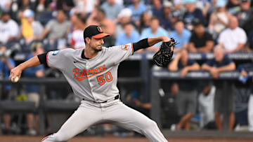 Jun 19, 2025; St. Petersburg, Florida, USA; Baltimore Orioles starting pitcher Charlie Morton (50) throws a pitch in the first inning against the Tampa Bay Rays at George M. Steinbrenner Field. 