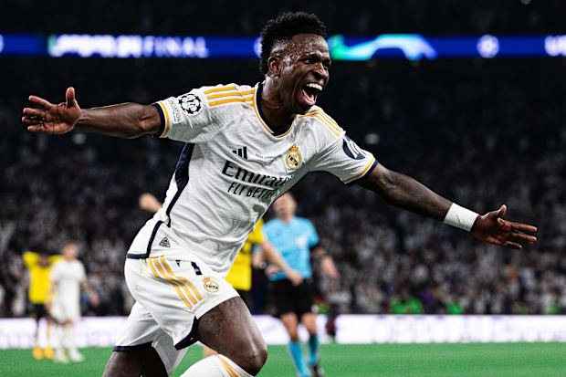 Vinicius Junior comemorando um gol para o Real Madrid.