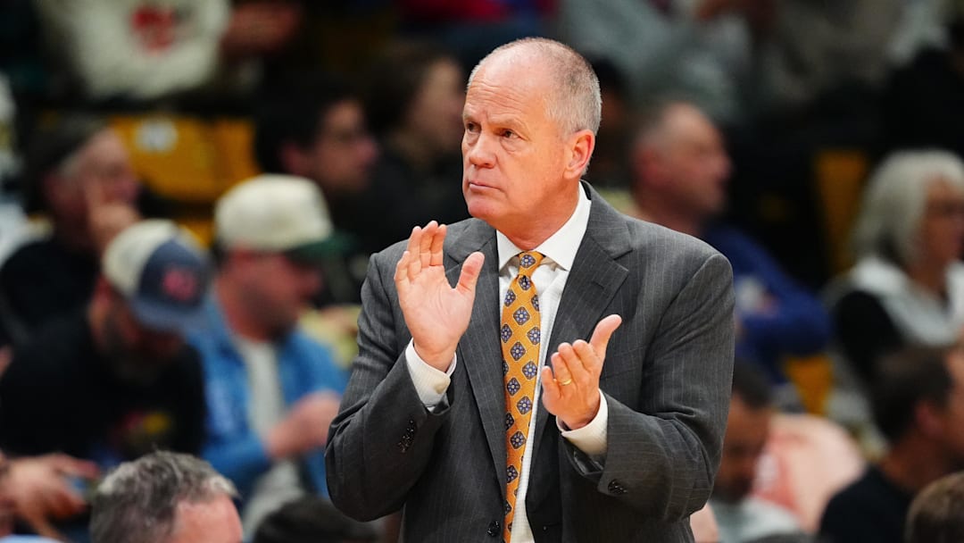 Jan 20, 2026; Boulder, Colorado, USA; Colorado Buffaloes head coach Tad Boyle during the second half against the Kansas Jayhawks at the CU Events Center. Mandatory Credit: Ron Chenoy-Imagn Images