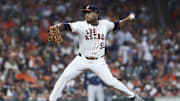 Sep 20, 2025; Houston, Texas, USA; Houston Astros starting pitcher Framber Valdez (59) delivers a. pitch during the first inning against the Seattle Mariners at Daikin Park. Mandatory Credit: Troy Taormina-Imagn Images